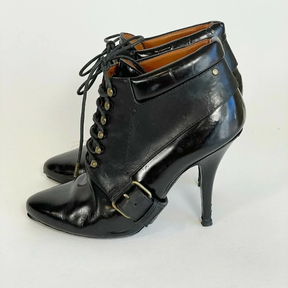 Givenchy Womens Buckle Lace Up Ankle Bootie Heels Black‎ Sz 36.5 Leather Pointed